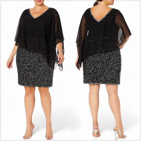 J Kara Black Capelet Poncho Overlay Sequin Beaded Evening Dress NWT New Plus 24W - Picture 1 of 5